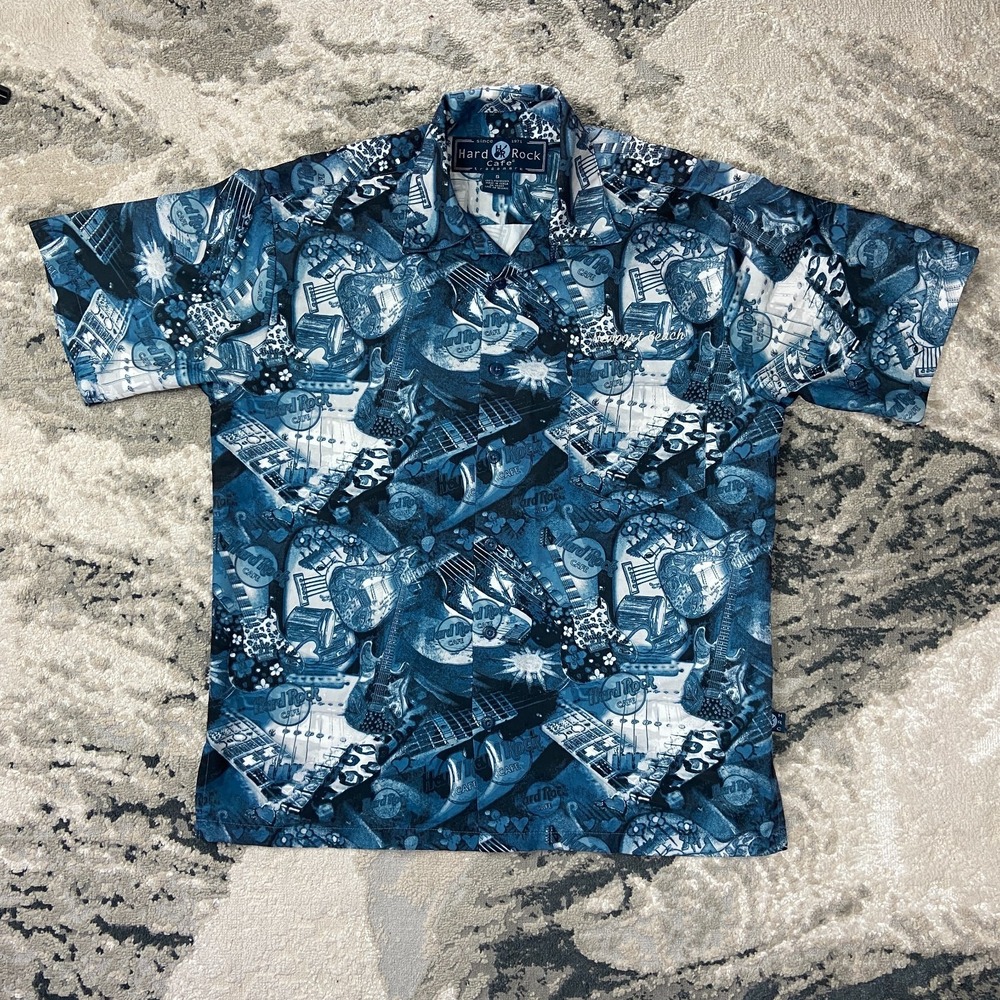 Y2K Hard Rock Cafe Hawaiian Shirt Sz S Blue Guitar‎ Floral Print Button Up